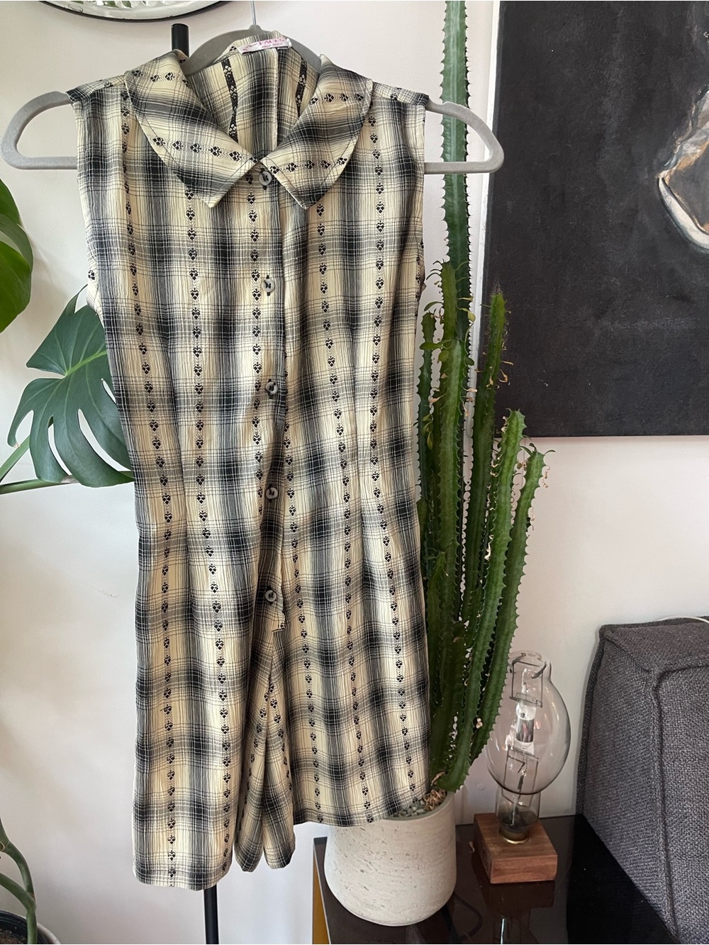 Vintage Sleeveless Plaid Button-Front Romper in Ivory and Black